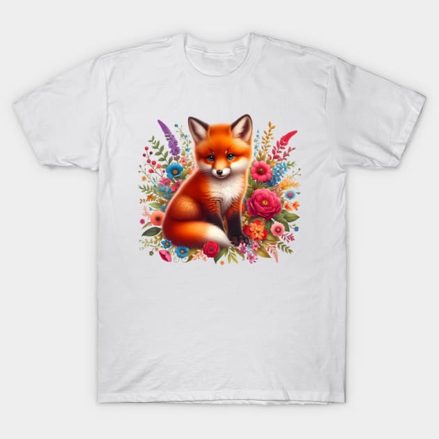 A red fox decorated with beautiful colorful flowers. T-Shirt by CreativeSparkzz